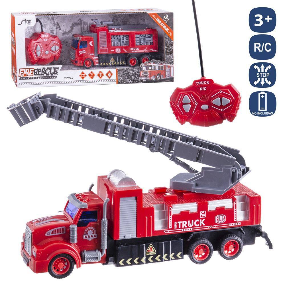 R/CAMIÓN BOMBEROS 7 F 2/M 21 CM BOMBEROS. CON LUZ. MANDO BOTON PILAS 2XAA Y MANDO COCHE 3XAA NO INCL. CAJA VENTANA DE 35X14 CM.