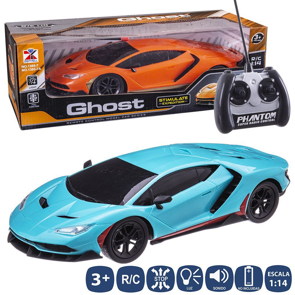RADIO CONTROL COCHE 7 F 2/C 35 CM SPORT LISO CON LUZ. MANDO PALANCA PILAS 2XAA Y COCHE 5XAA NO INCL. ESCALA 1:14. CAJA VENTANA DE 40X13 CM.