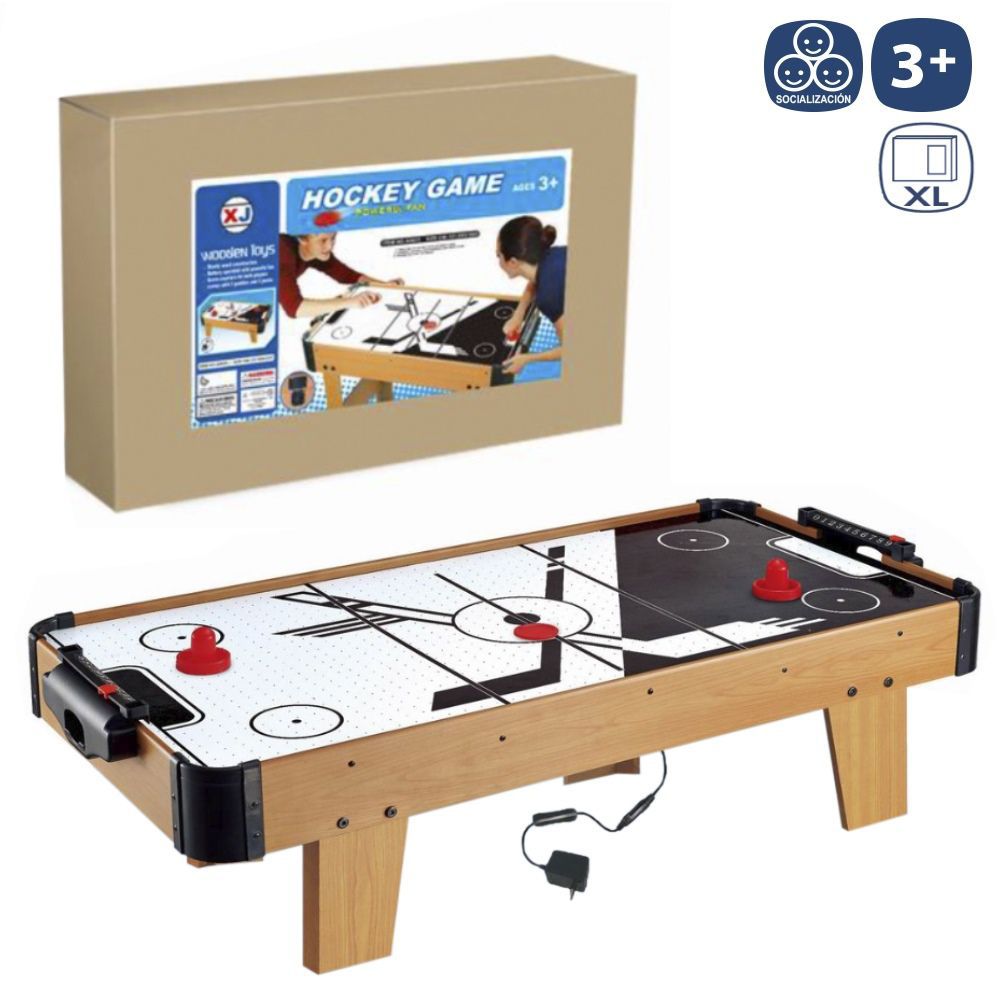 JUEGO HOCKEY ELÉCTRICO MADERA 101,50 X 51 X 22 CM CON ADAPTADOR CONEXIÓN RED ELÉCTRICA. CAJA IMPRESA DE 103,5X53X13 CM.