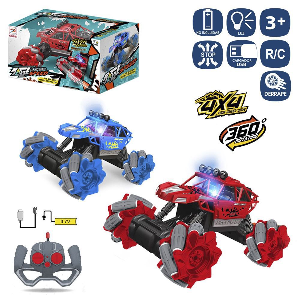 R/C C+B 7 F 4X4 FEARLESS DERRAPE 2/C 27 X 16,50 X 15 CM FUNCION DERRAPE GIRO 360 º-EL VEHICULO REQUIERE 1 PACK 3.7V NI-CD RECARGABLE MEDIANTE USB (INCLUIDO).EL MANDO REQUIERE 2 PILAS 1