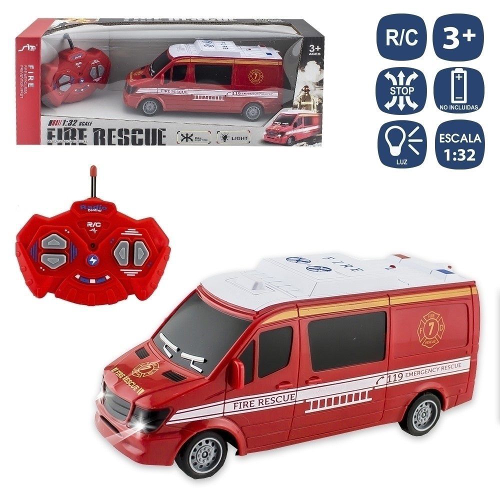 R/C 7 F FURGÓN BOMBEROS 19 X 7 X 8,50 CM CON LUZ. FUNCIONA CON PILAS 5XAA (NO INCLUIDAS). CAJA VENTANA DE 36X14X10 CM.