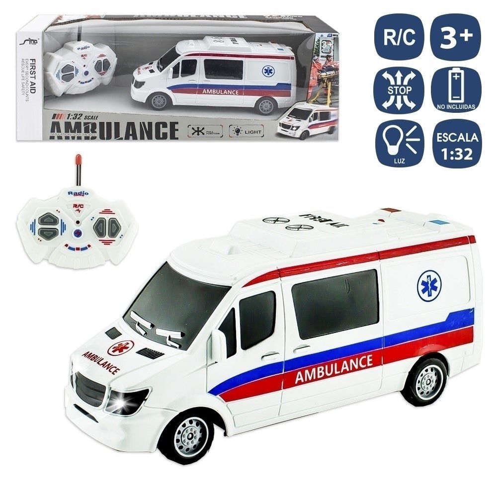R/C 7 F AMBULANCIA 19 X 7 X 8,50 CM CON LUZ. FUNCIONA CON PILAS 5XAA (NO INCLUIDAS). CAJA VENTANA DE 36X14X10 CM.