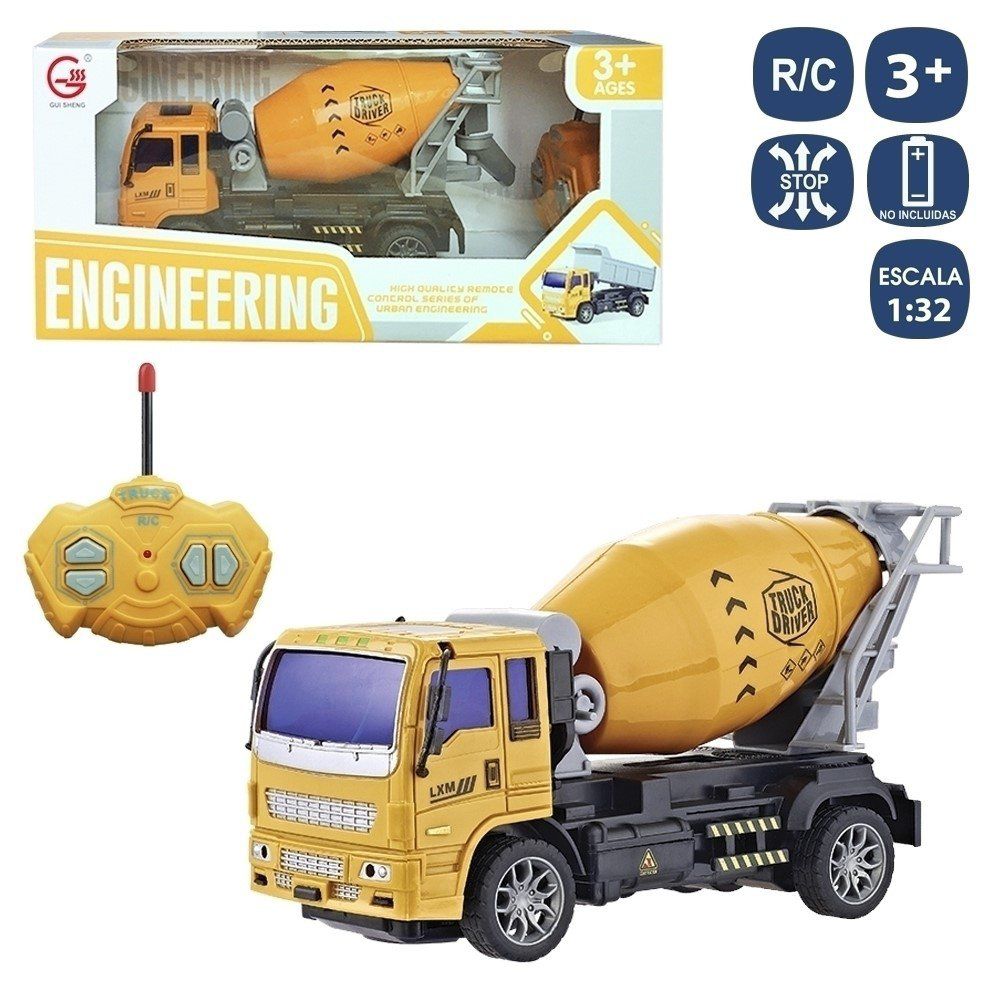 R/C 7 F CAMIÓN HORMIGONERA 20,80 X 8 X 11 CM FUNCIONA CON PILAS 5XAA (NO INCLUIDAS). CAJA VENTANA DE 31X10,5X14 CM.