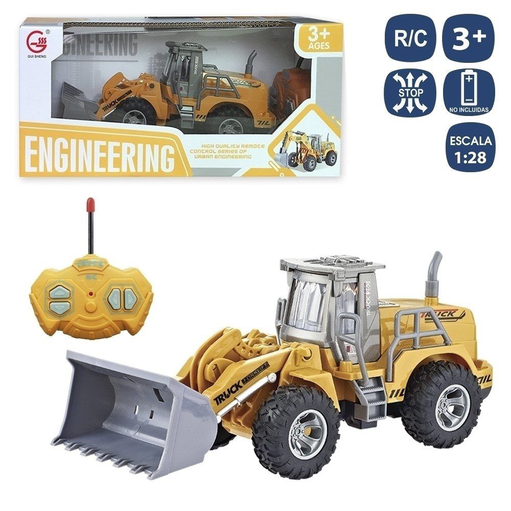R/C 7 F PALA EXCAVADORA 23 X 8,80 X 9,50 CM FUNCIONA CON PILAS 5XAA (NO INCLUIDAS). CAJA VENTANA DE 31X10,5X14 CM.