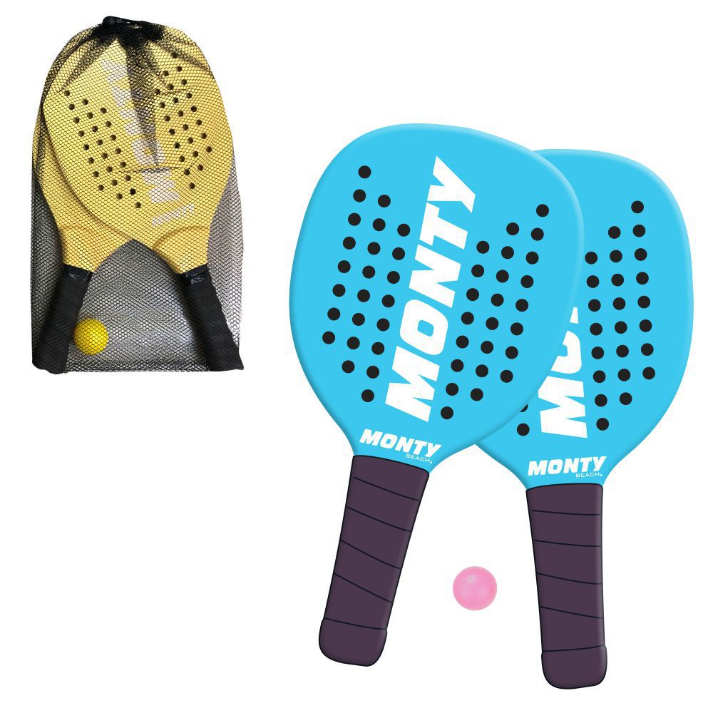 S/2 PALAS+PELOTA MADERA MONTY 2/C 0.8 MM CON BOLSA DE NYLON SEGURIDAD DE TRANSPORTE.