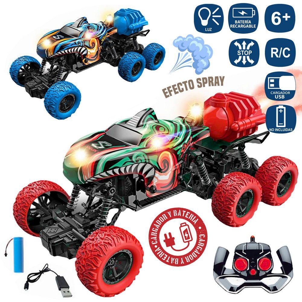 R/C C+B 7 F. GREAT DINO SPRAY 2/C 27 X 13,50 X 12 CM COCHE ESCALADOR 6 RUEDAS Y SPRAY TRASERO - COCHE INCLUYE BATERIA 500 MAH CARGADOR USB, MAND0 2XAA (NO INCLUIDAS)-CAJA VENTANA 34