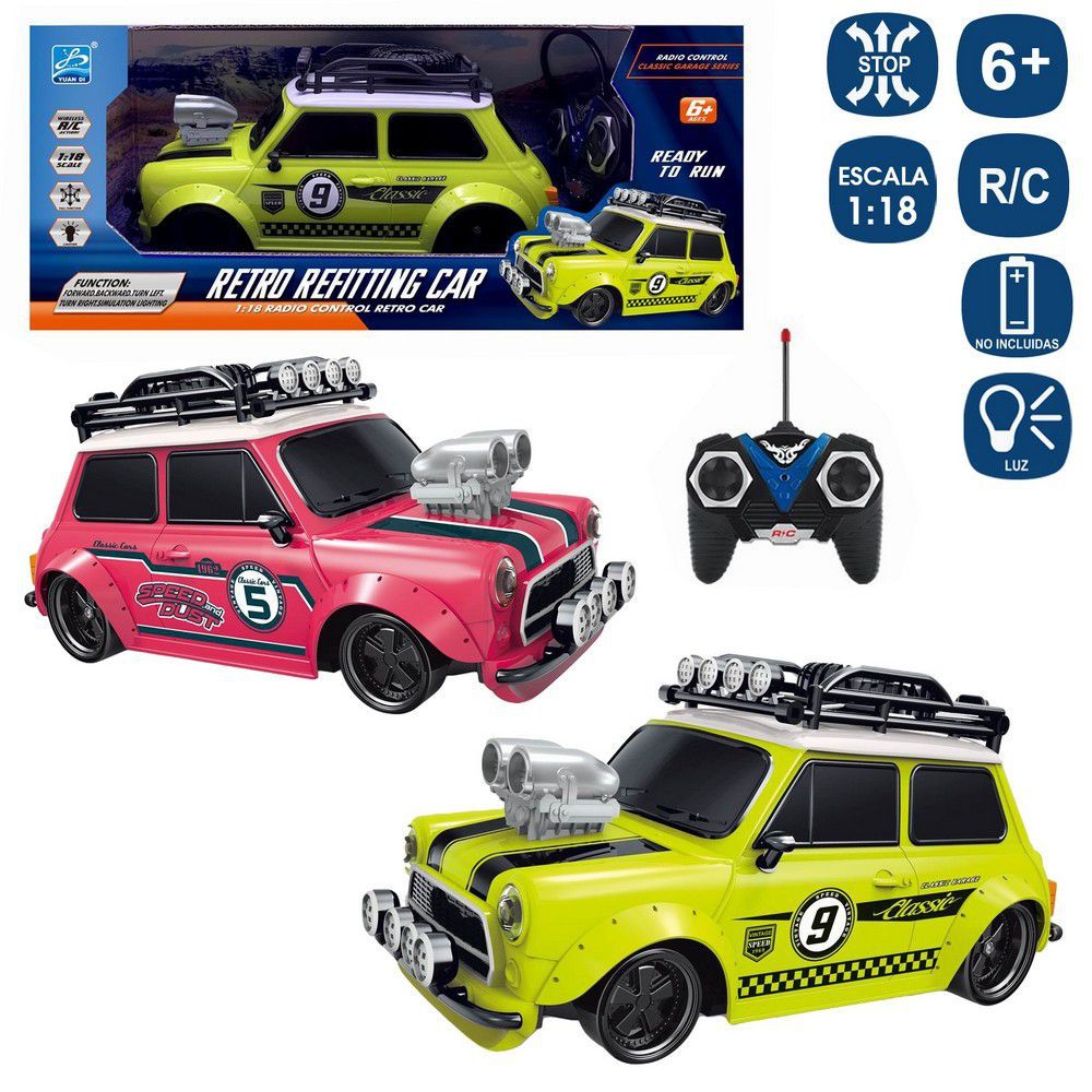 R/C 7 F. MINI RETRO 2/C 24 X 11 X 10,50 CM COCHE Y MANDO FUNCIONAN CON PILAS 4XAA+2XAA ( NO INCLUIDAS) - CAJA VENTANA 33X14X14 CM