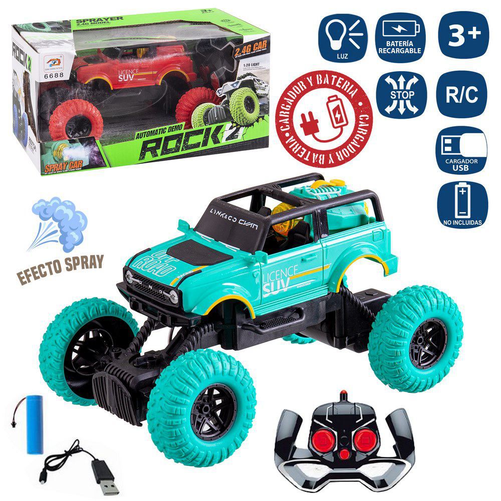 R/C C+B 7 F. ROCK PICK UP SPRAY 2/C 21 X 12,50 X 11,50 CM CON LUZ Y FUNCION SPRAY- COCHE FUNCIONA CON BATERIA INCLUIDA 3,7 VOLTIOS- MANDO CON 2XAA NO INCLUIDAS. CAJA VENTANA 27X14X15 CM