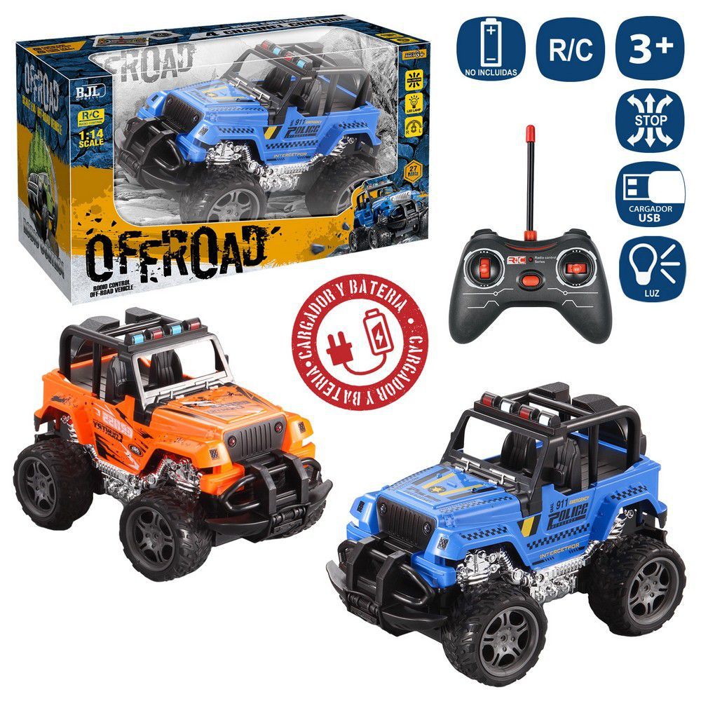 R/C 7 F. JEEP OFF ROAD 2/C 27 X 16 X 17 CM ESCALA 1:14- COCHE INCLUYE BATERIA 4,8 V CARGADFO USB- MANDO 2XAA NO INCLUIDAS- CAJA VENTANA 34X15X20 CM
