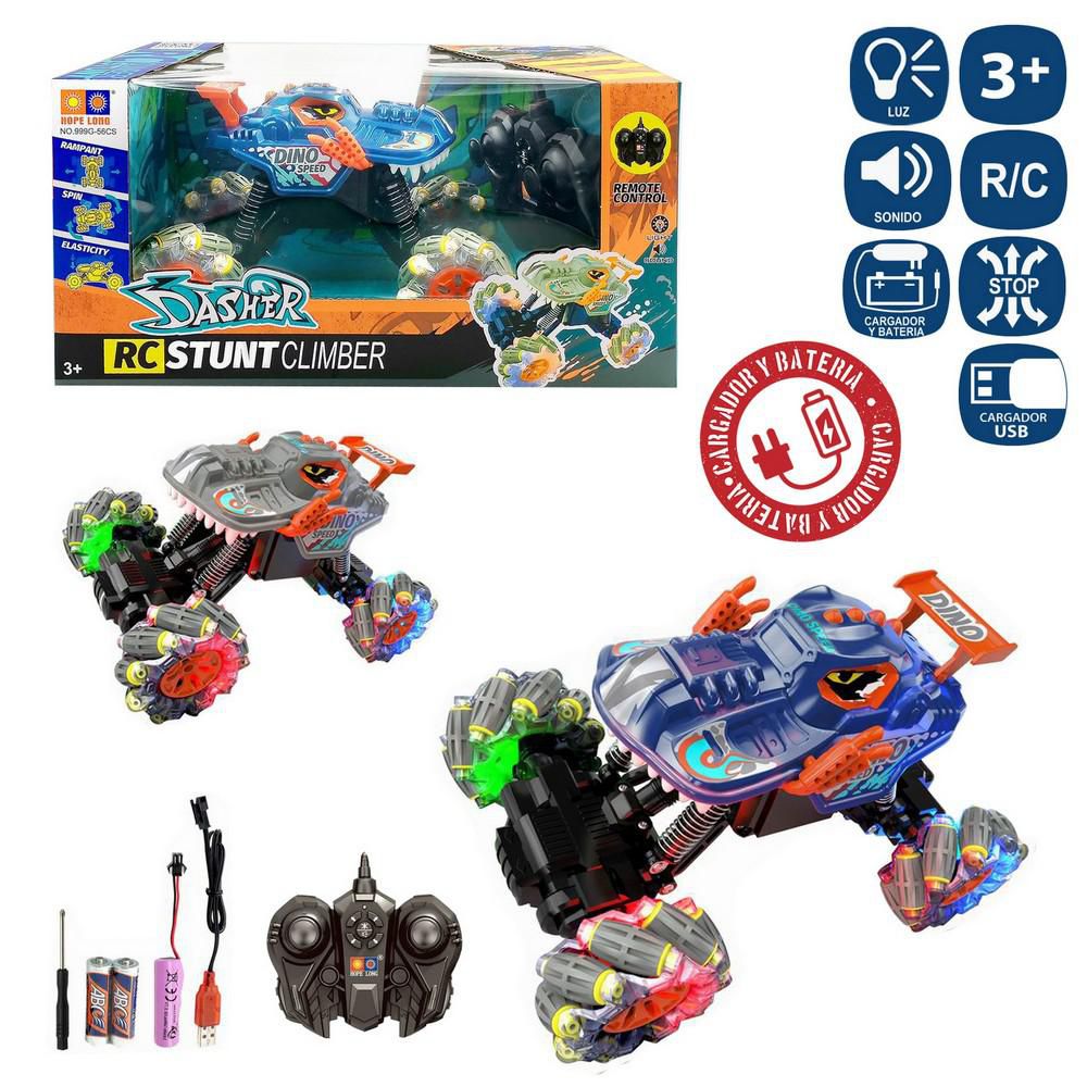 R/C C+B 7 F. COCHE DERRAPE DINO 2/C 20,50 X 15 X 13,10 CM ICLUYE BATERIA 3,7 VOLTIOS CARGADOS USB- MANDO 2XAA INCLUIDAS. CAJA VENTANA 31X18X15 CM