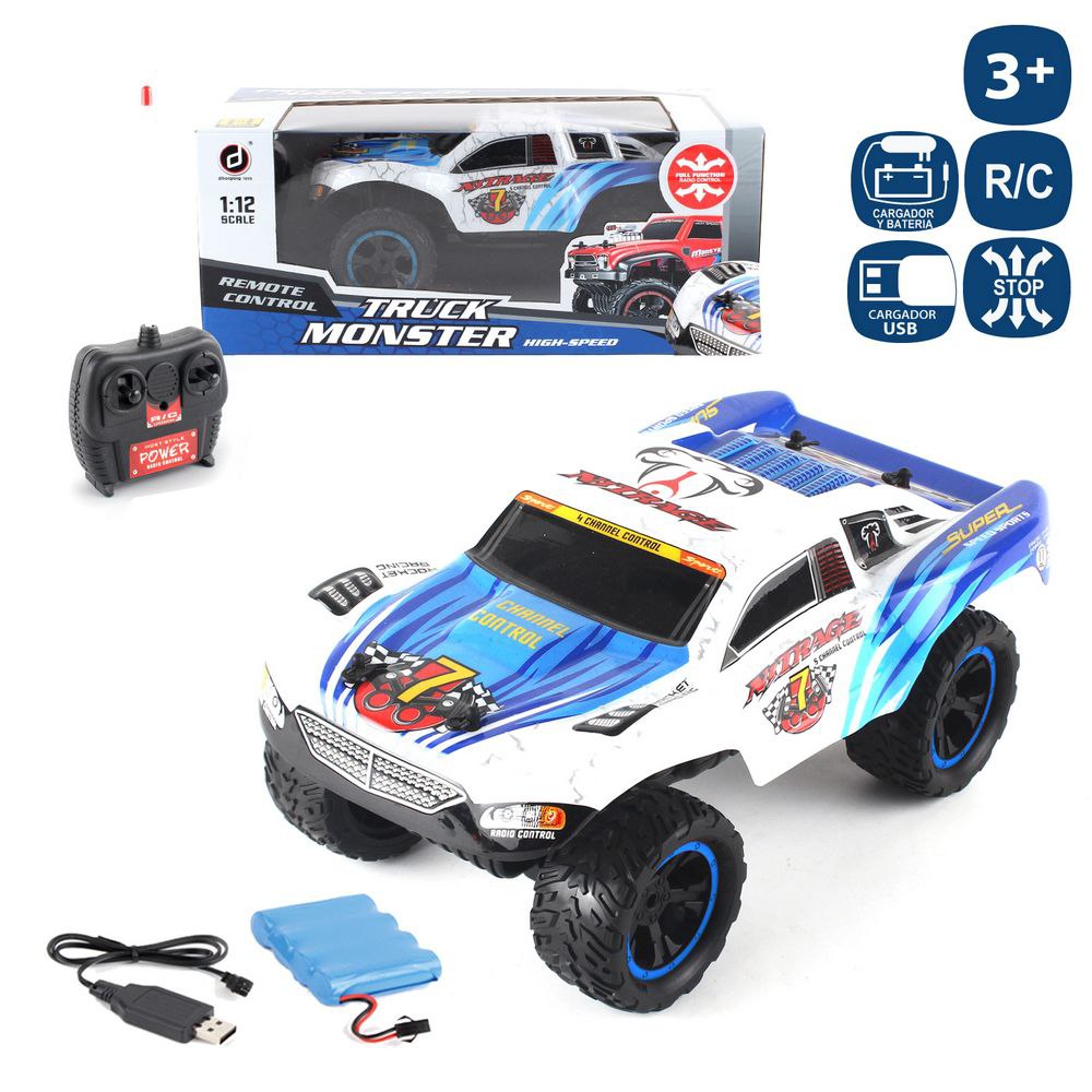 R/C 7 F. COCHE BUGGY TRUCK MONSTER 33 X 19 X 15,50 CM ICLUYE BATERIA 4,8 VOLTIOS CARGADOS USB- MANDO 2XAA (NO INCLUIDAS). CAJA VENTANA 43X22X17,5