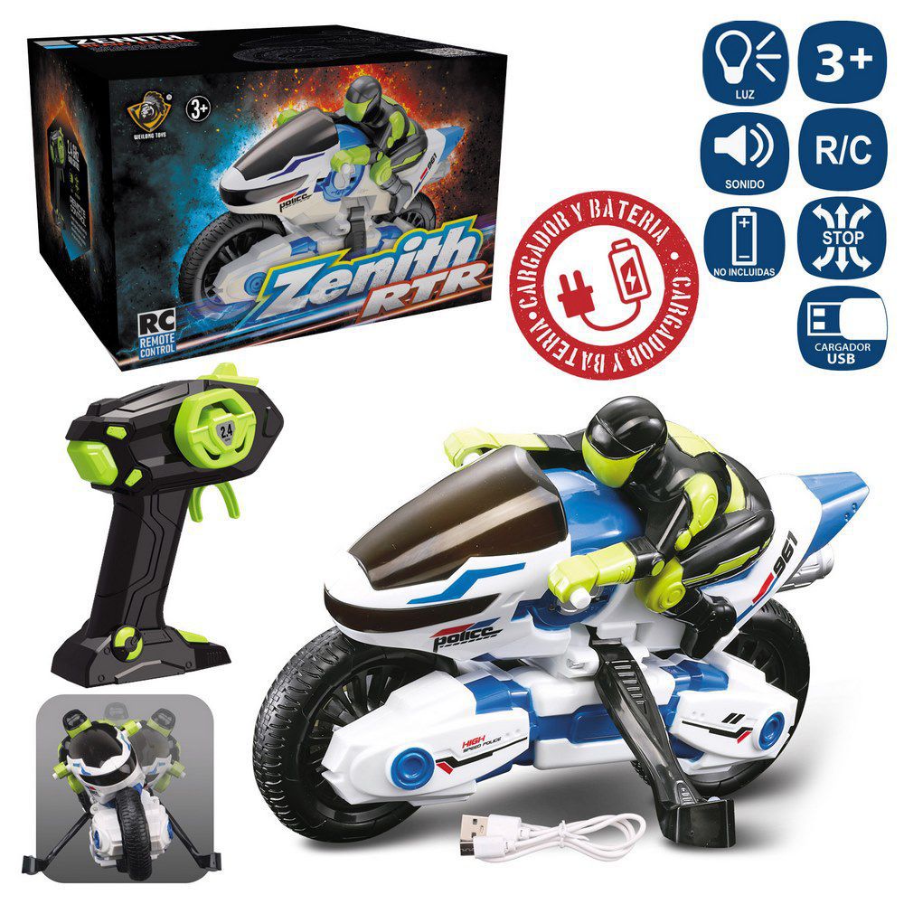 R/C 7F MOTO ANTIVUELCO ZENITH 17,50 X 12,50 X 11,50 CM FUNCIÓN DERRAPAJE Y ANTIVUELCO CON LUZ Y SONIDO , EL VEHICULO REQUIERE 1 PACK 3.7V NI-CD RECARGABLEMEDIANTE USB (INCLUIDO).EL M