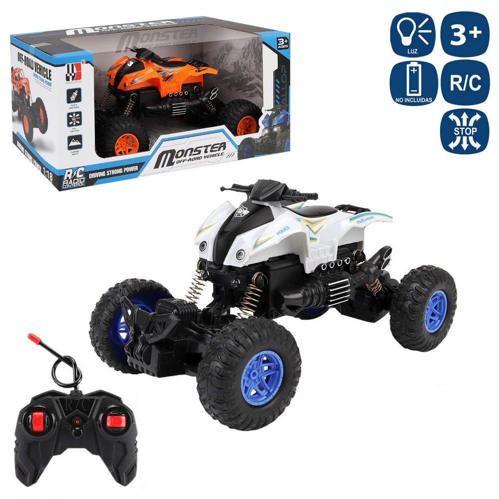 R/C 7.F QUAD MONSTER 2/C 23,50 X 13,50 X 11,50 CM CON LUZ. FUNCIONA CON PILAS. COCHE 4XAA ( NO INCLUDIAS) MANDO 2XAA ( NO INCLUIDAS) -CAJA VENTANA 30X14X15 CM