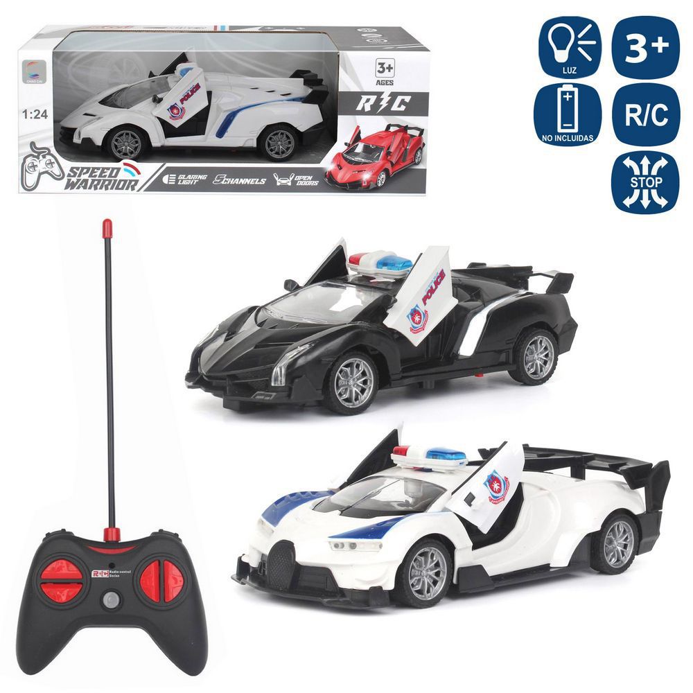 R/C 7 F.COCHE POLICIA ABRE PUERTAS 2/C 20,50 X 9,50 X 5 CM CON LUZ - FUNCIONA CON PILA COCHE 3XAA NO INLUIDAS, MANDO 2XAA NO INCLUIDAS- CAJA VENTANA 29X10X12 CM