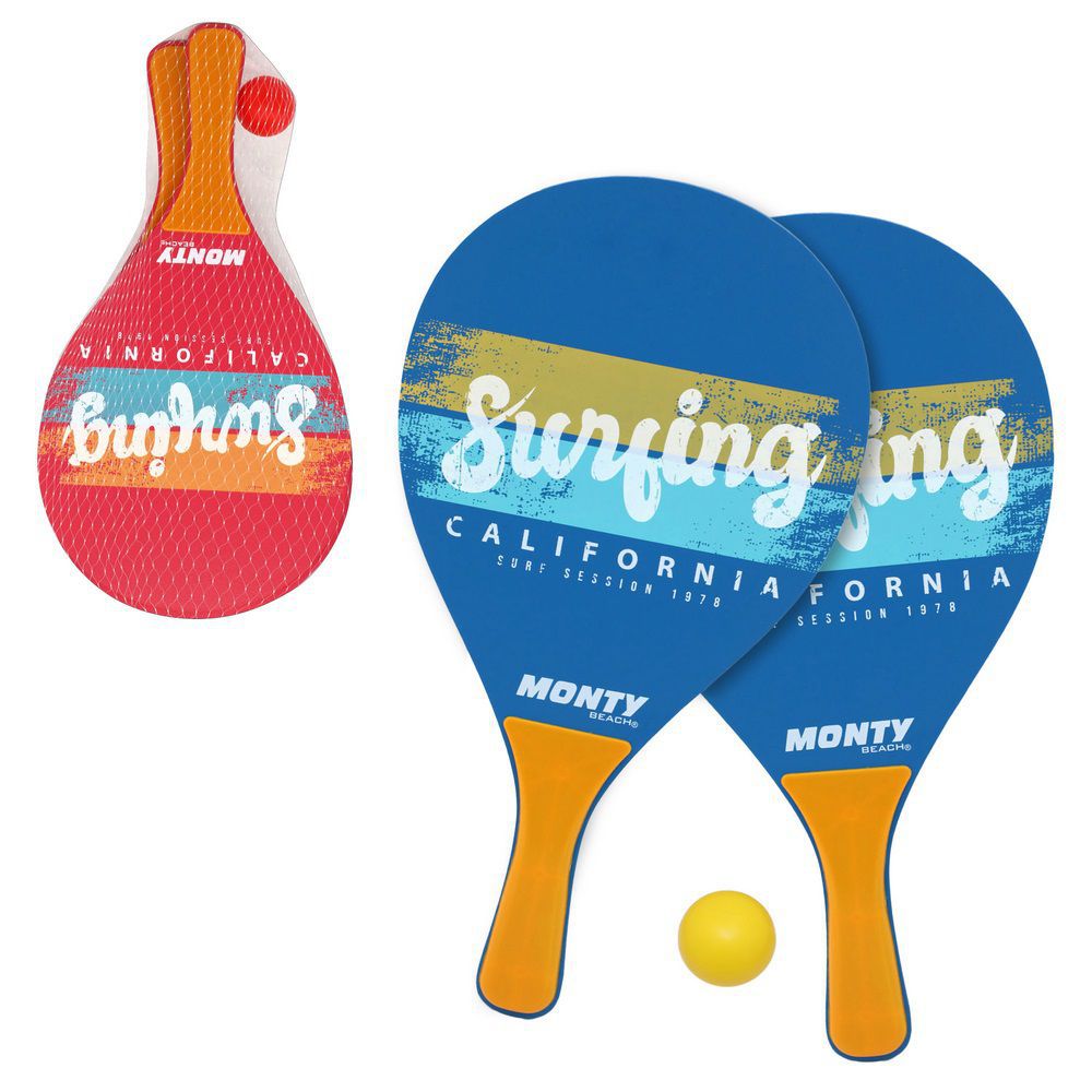 S/2 PALAS Y PELOTA MADERA SURING CA. 2/C 39 X 21 X 0,07 CM PRESENTADO EN BOLSA CON RED