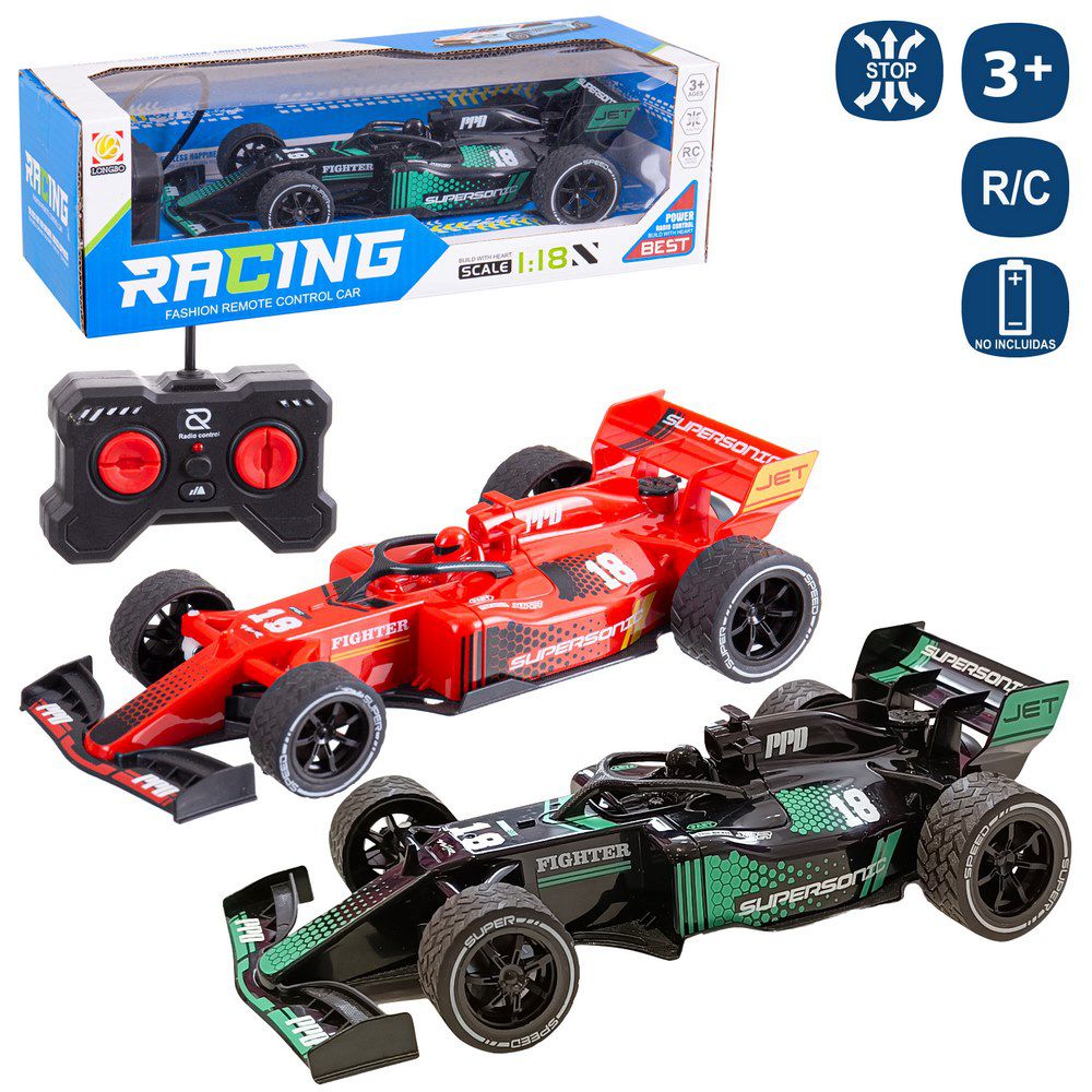 R/C 7F COCHE CARRERAS 2/C 23 CM FUNCIONA CON PILAS COCHE 3XAA, MANDO 2XAA NO INLCUIDAS CAJA VENTANA 30X10 CM