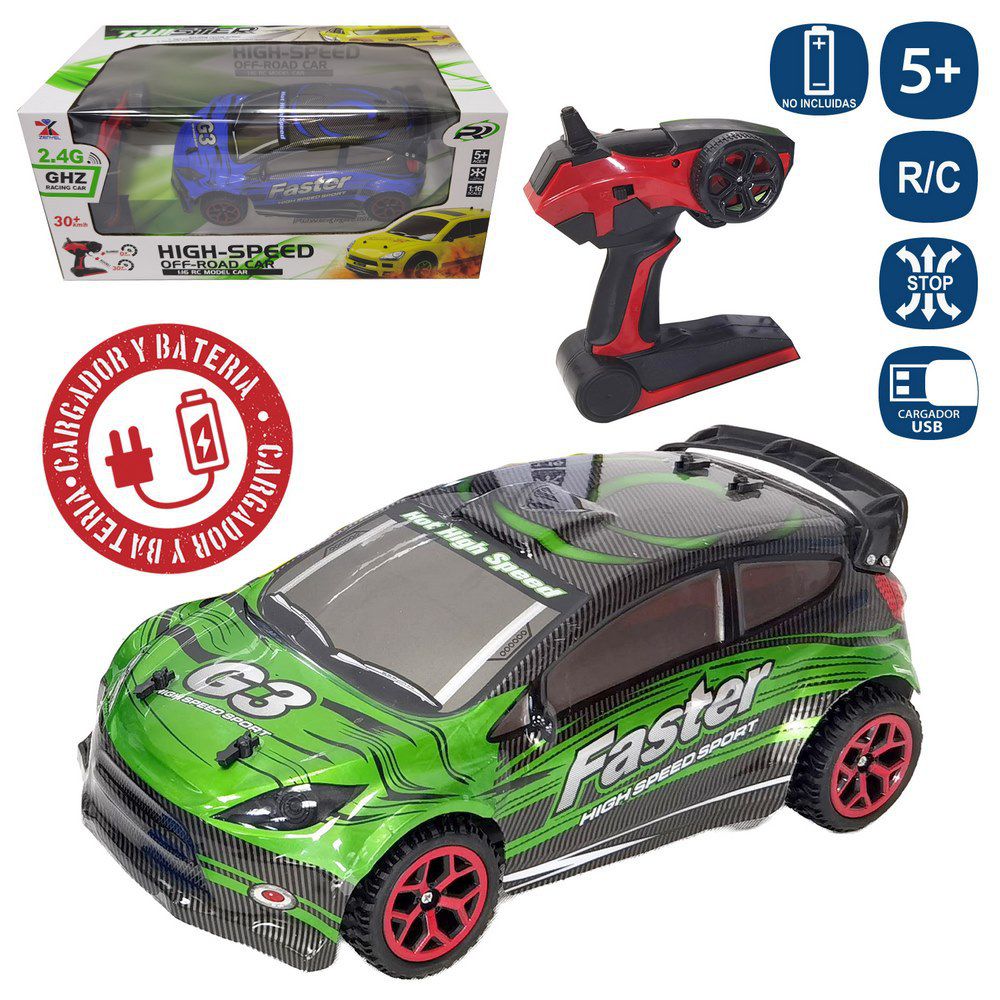 R/C C+B 7F COCHE FASTER ALTA VELOC. 2/M 27 CM ALTA VELOCIDAD MANDO PISTOLA- FUNCIONA CON PILAS BATERIA 6.V INCLUIDA CARGA USB, MANDO 2AA NO INCLUIDAS -CAJA VENTANA 44X19 CM