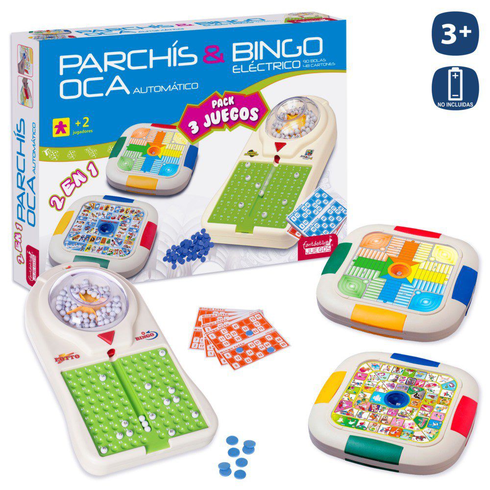 SET 3 JUEGOS BINGO ELECT - PARCHIS/OCA COMBO DE 3 JUEGOS BINGO ELECTRICO - CAJA 54X39X10 CM- PARHCIS OCA 2 EN 1,DADO AUTOMÁTICO.-BINGO REQUIERE 4XAA (NO INCLUIDAS).