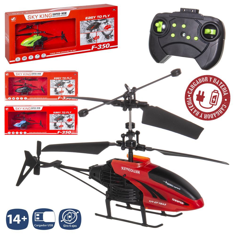 R/C HELICÓPTERO 2 CANALES 4/C 18 CM MANDO PALANCA DE 6XAA NO INCL. CARGADOR USB. BATERIA DE 3,7V 90MAH. TIEMPO VUELO 7 MIN. TIEMPO CARGA 20 MINUTOS. CAJA VENTANA 38 X 15 CM