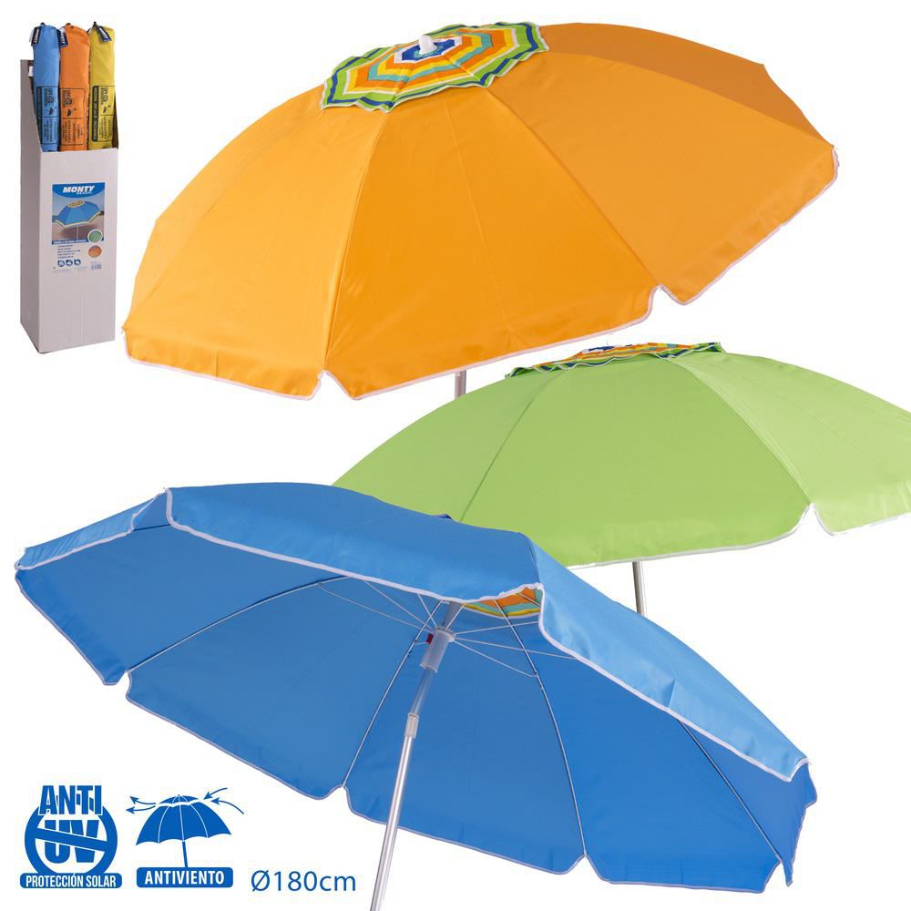 SOMBR. ANTIVIE. ALU/POLI ANTIUV 3/C C/EX 180 CM CAJA EXPOSITORA- TRATAMIENTO ANTI UV +50 OXFORD 140 GSM - TUBO 22/25 ALUMINIO- INCLINABLE-VARILLAS 3.2 MM