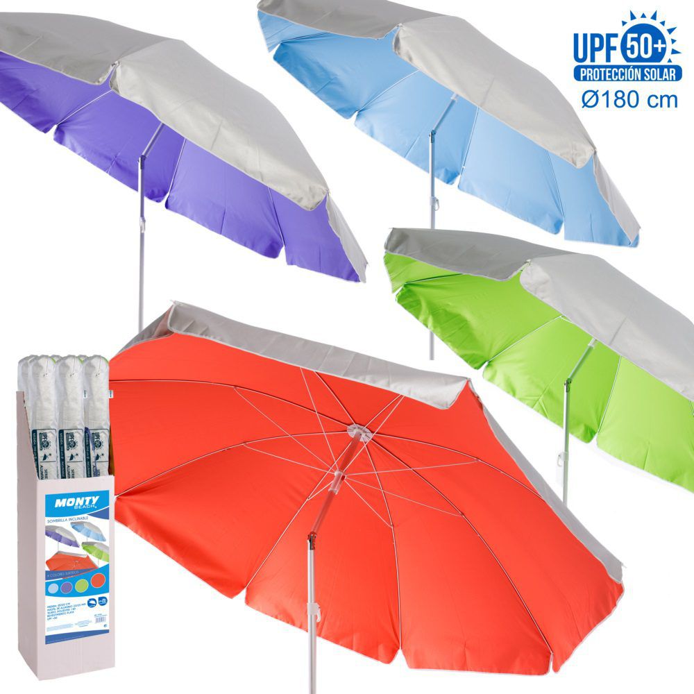 SOMB. PROTECCIÓN UPF +50 4/C LISOS C/EXP 180 CM CUBIERTA PLATEADA PROTECCIÓN UPF +50 OXFORD 140 GSM - TUBO 22/25 ALUMINIO- INCLINABLE- VARILLAS 3.2 MM- CAJA EXP: 12 UDS