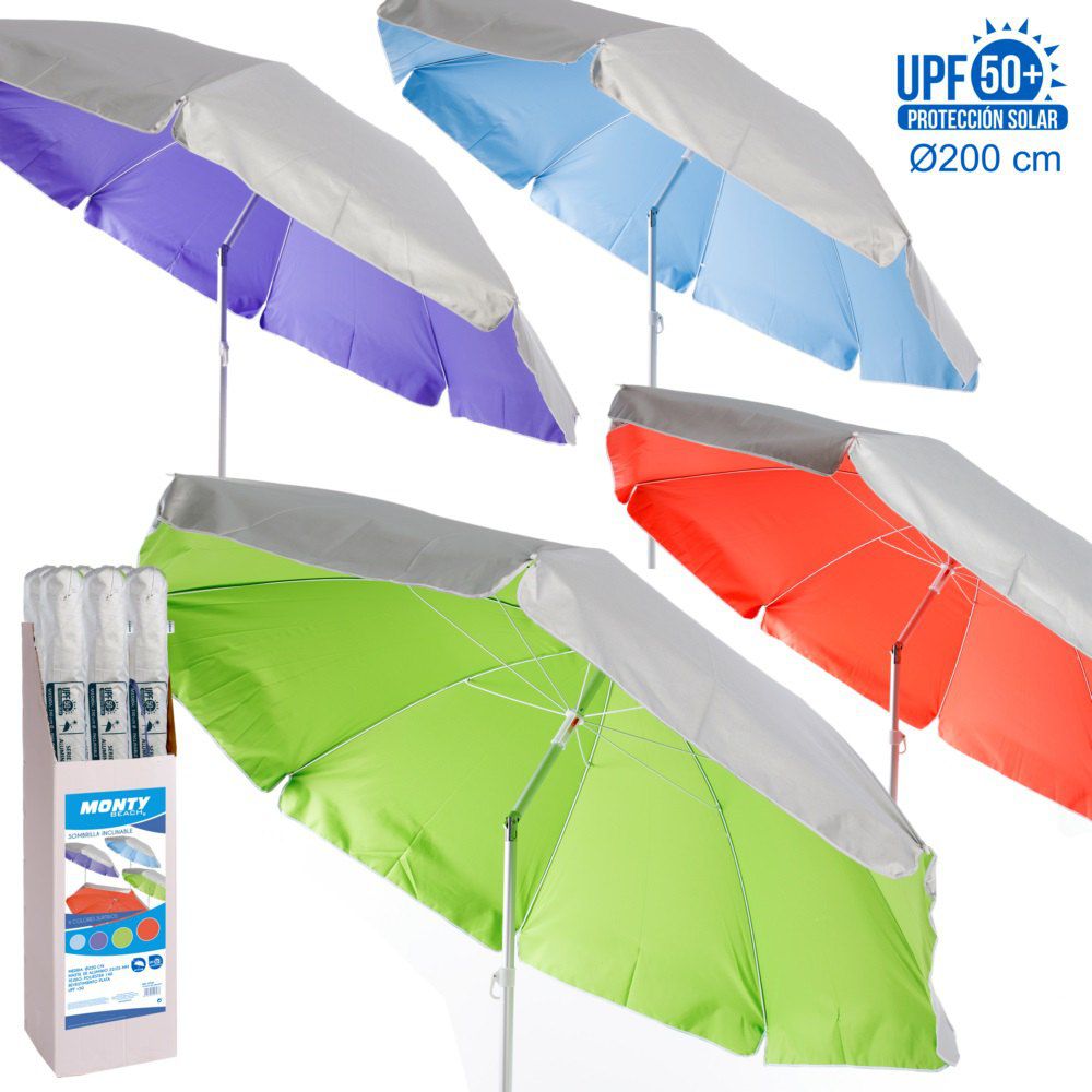 SOMB. PROTECCIÓN UPF +50 4/C LISOS C/EXP 200 CM CUBIERTA PLATEADA PROTECCIÓN UPF +50 OXFORD 140 GSM - TUBO 28/32 ALUMINIO- INCLINABLE- VARILLAS 3.5 MM- CAJA EXP: 12 UDS