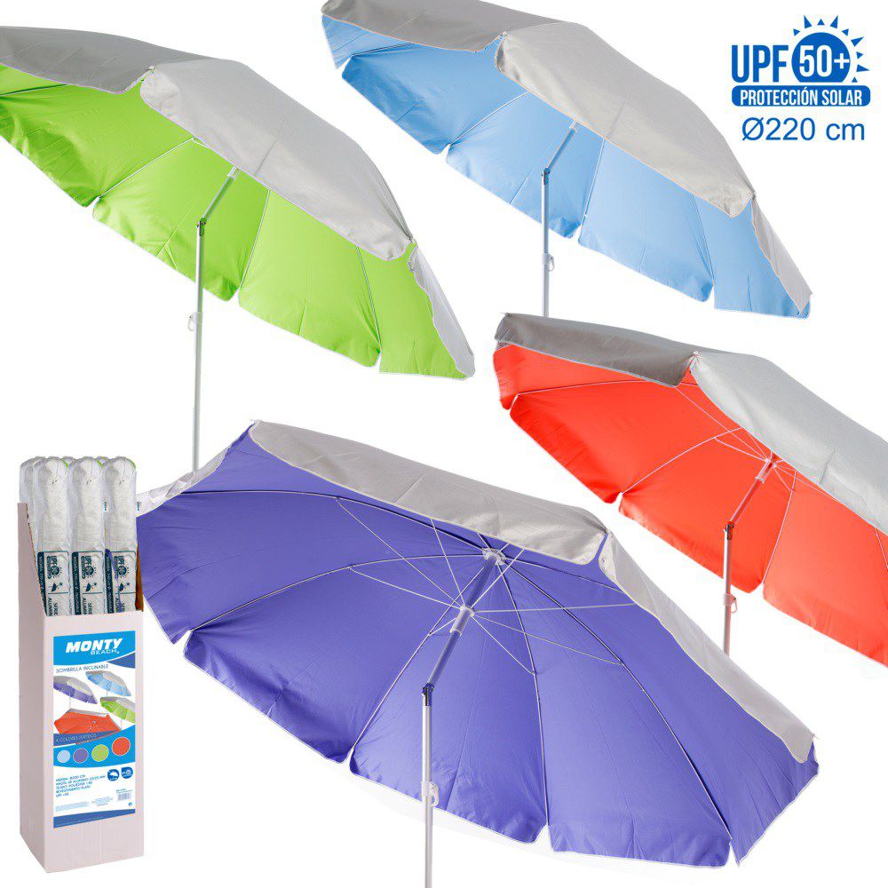 SOMB. PROTECCIÓN UPF +50 4/C LISOS C/EXP 220 CM CUBIERTA PLATEADA PROTECCIÓN UPF +50 OXFORD 140 GSM - TUBO 28/32 ALUMINIO- INCLINABLE- VARILLAS 3.5 MM- CAJA EXP: 12 UDS