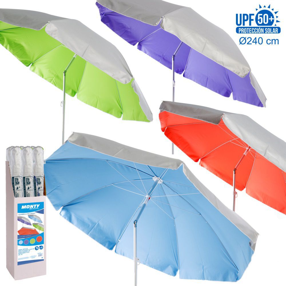 SOMB. PROTECCIÓN UPF +50 4/C LISOS C/EXP 240 CM CUBIERTA PLATEADA PROTECCIÓN UPF +50 OXFORD 140 GSM - TUBO 28/32 ALUMINIO- INCLINABLE- VARILLAS 3.8 MM - CAJA EXP: 12 UDS