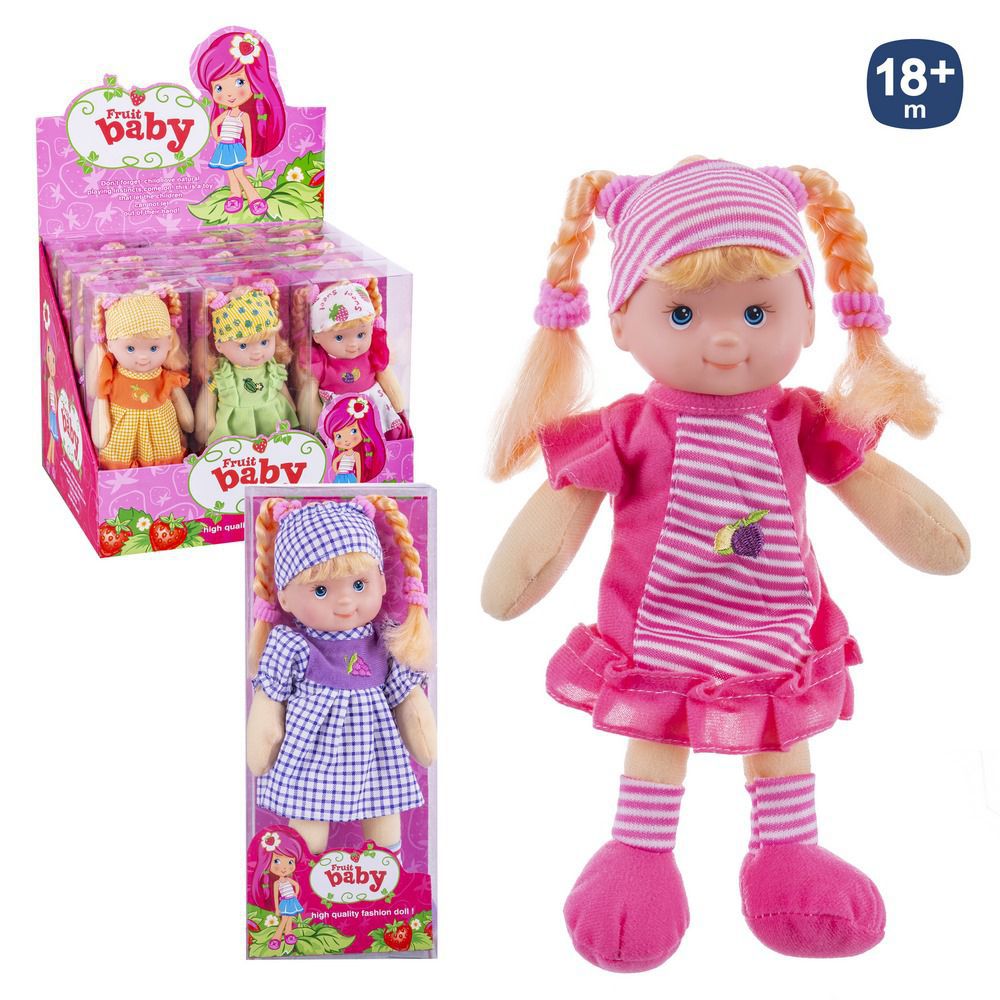 MUÑECA CUERPO BLANDO FRUIT 3/M 26 CM FRUIT BABY+ ACCESOROS. CAJA ACETATO DE 12X7X29 CM. CAJA EXPOSITORA DE 12 PC