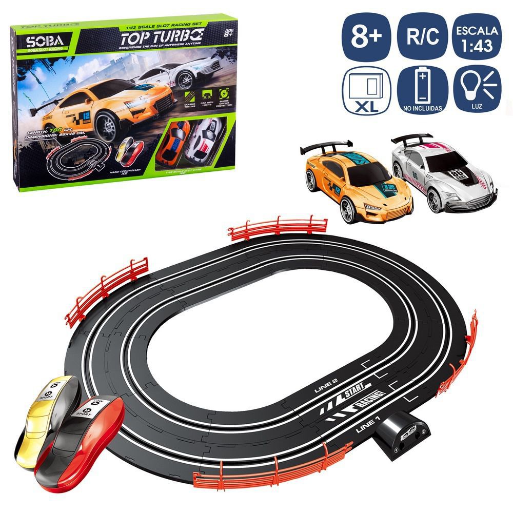 PISTA MAGNETICA+ 2COCHE C/LUZ 180 CM ESCALA 1:43. CAJA VENTANA DE 43X30 CM. CON CABLE USB. TAMAÑO COCHE 10CM. ADAPTADOR 5V 1A/2A. CAJA VENTANA DE 43X30 CM.