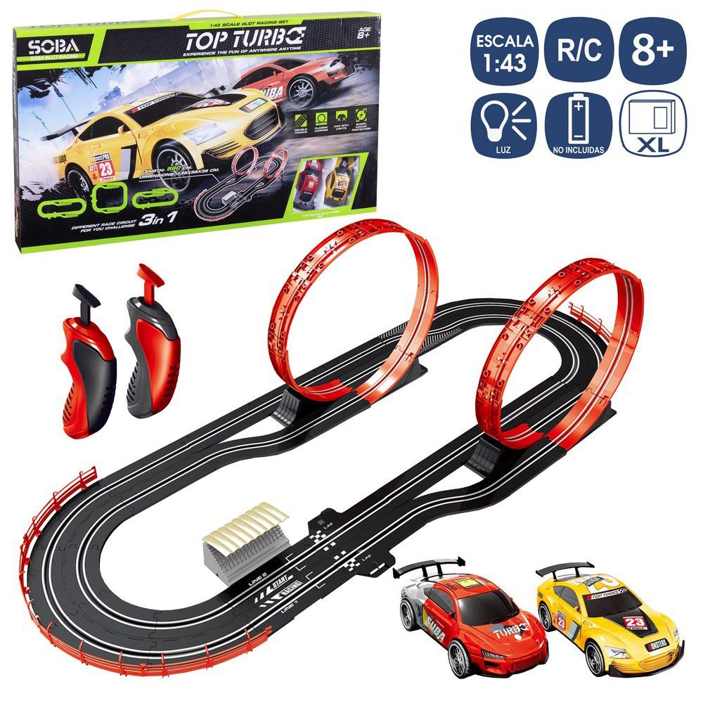 PISTA MAGNETICA+ 2COCHE C/LUZ 560 CM 3 EN 1 CON LUZ. 2 LOOPINGS. ESCALA1:43. . PILAS 8XAA NO INCL. TAMAÑO COCHE 10CM. CAJA VENTANA DE 67X38 CM