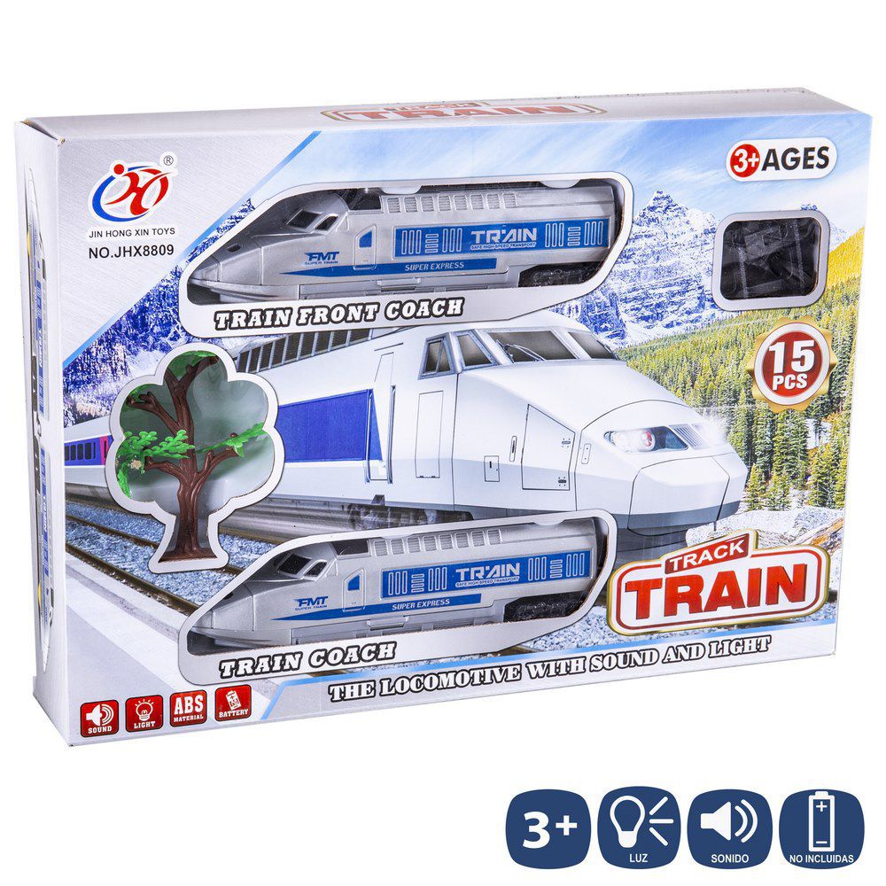 PISTA TREN CON ACCESORIOS ALTA VELOCIDAD. PERIMETRO DE 192 CM. FUNCIONA CON PILAS 3XAA (NO INCLUIDAS). CAJA VENTANA DE 36X25 CM. 36X25 CM.