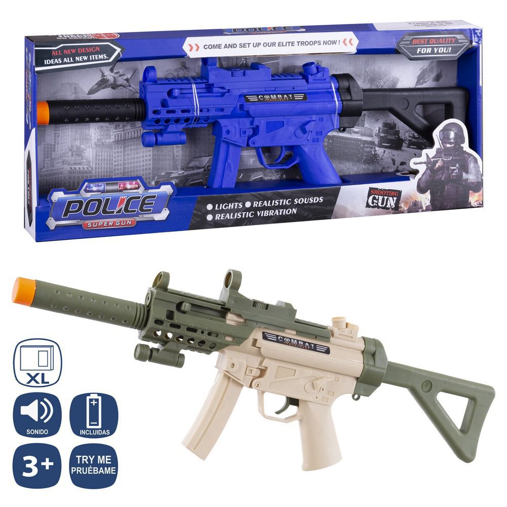 METRALLETA LUZ Y SONIDO 2/M 56 CM HK47. FUNCION PRUEBAME. PILAS 3XAA INCL CAJA ABIERTA DE 57X23 CM.