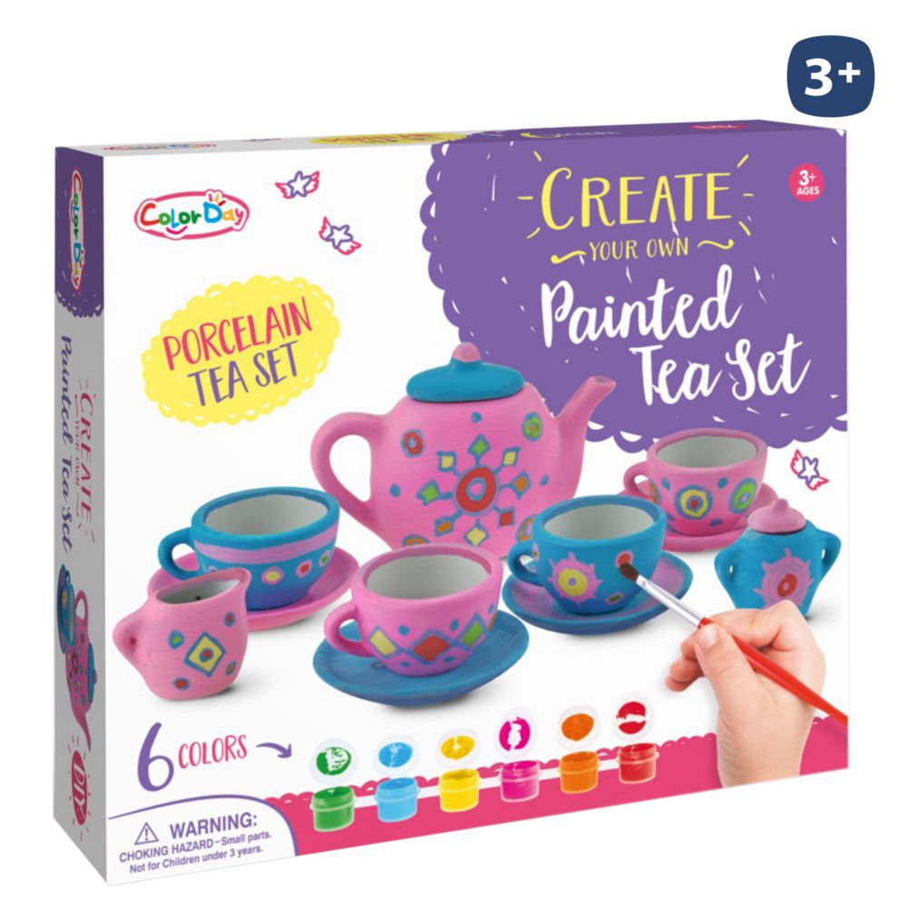 JUEGO CAFÉ / TÉ CON ACCESORIOS CERÁMICA CON 4 TAZAS, AZUCARERO, CAFETERA Y LECHERA PARA PINTAR. CAJA IMPRESA DE 29X25 CM.