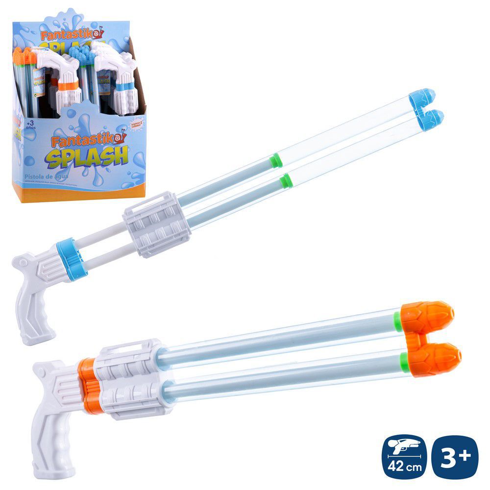 PISTOLA AGUA DOS CAÑONES AIRE 2/C BLCO. 42 CM (TUBO 2 CM) PRESION BLANCO AZUL/ BLANCO NARANJA. CON HANGTAG. CAJA EXPOSITORA DE 24 UNIDADES
