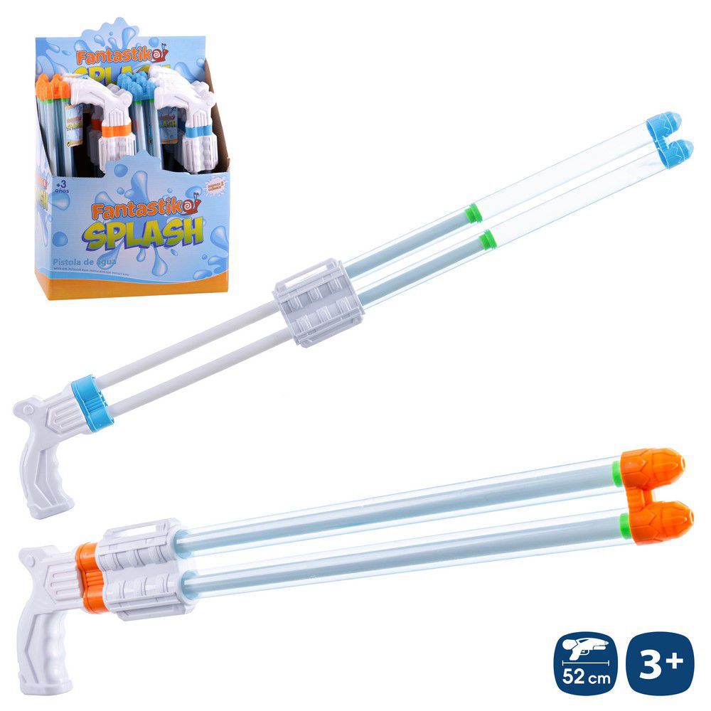 PISTOLA AGUA DOS CAÑONES AIRE 2/C BLCO. 52 CM (TUBO 2 CM) PRESION BLANCO AZUL/ BLANCO NARANJA. CON HANGTAG CAJA EXPOSITORA DE 24 UNIDADES