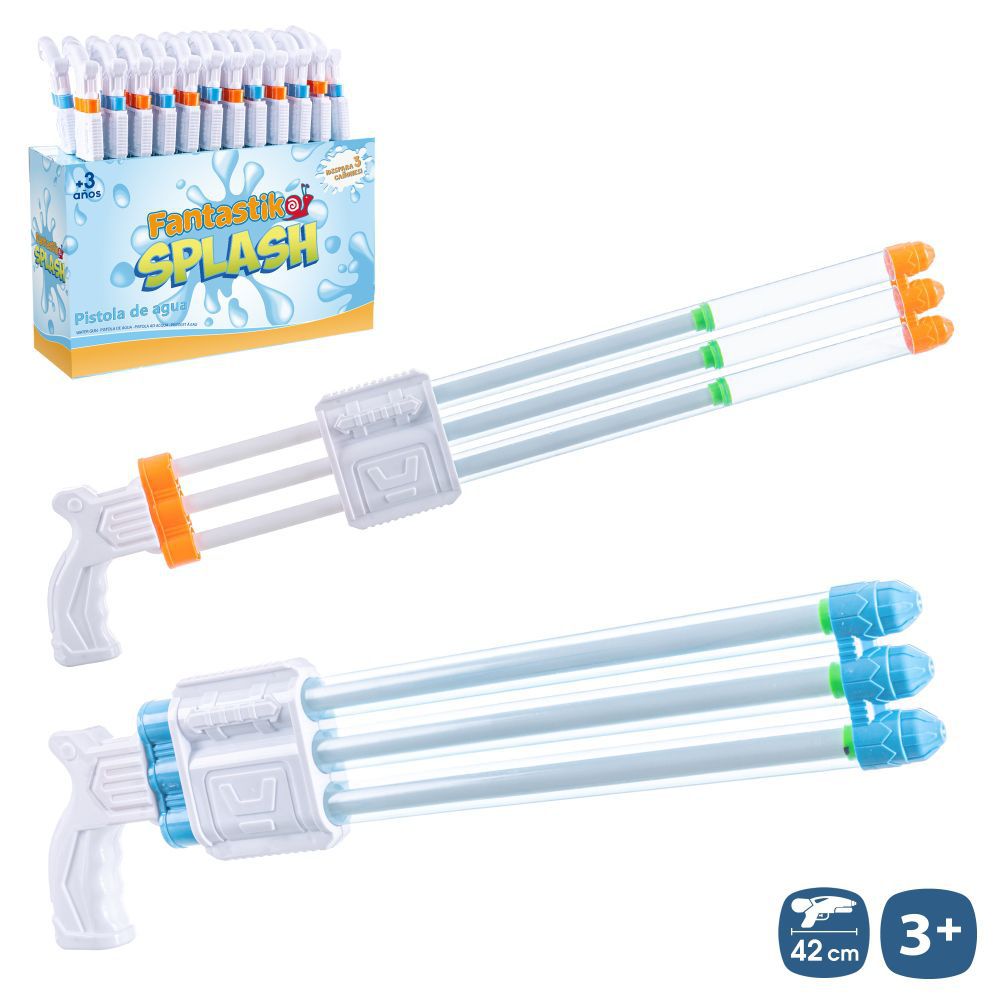 PISTOLA DE AGUA TRIPLE CAÑÓN 2/C BLCO. 42 CM (TUBO 2 CM) PRESION BLANCO AZUL/ BLANCO NARANJA. CON HANGTAG CAJA EXPOSITORA DE 24 UNIDADES