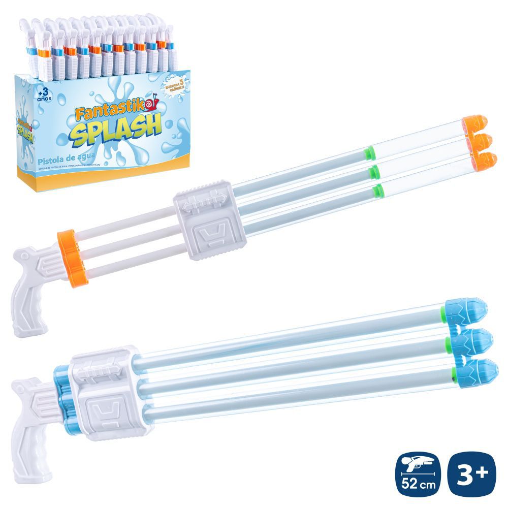 PISTOLA DE AGUA TRIPLE CAÑÓN 2/C BLCO. 52 CM (TUBO 2 CM) PRESION BLANCO AZUL/ BLANCO NARANJA. CON HANGTAG CAJA EXPOSITORA DE 24 UNIDADES