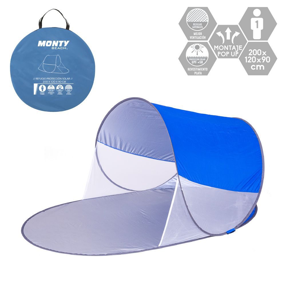 CORTAVIENTOS 'POP UP' NYLON AZUL PLAYA 200 X 120 X 90 CM APTO PARA 1 ADULTO- PROTRECCION SOLAR + 50 UPF- AUTOMONTABLE- BOSA ASAS TRANSPORTE