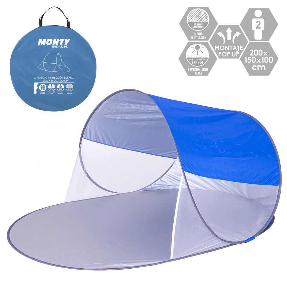 CORTAVIENTOS 'POP UP' NYLON AZUL PLAYA 200 X 150 X 100 CM APTO PARA 2 ADULTO- PROTRECCION SOLAR + 50 UPF- AUTOMONTABLE- BOSA ASAS TRANSPORTE