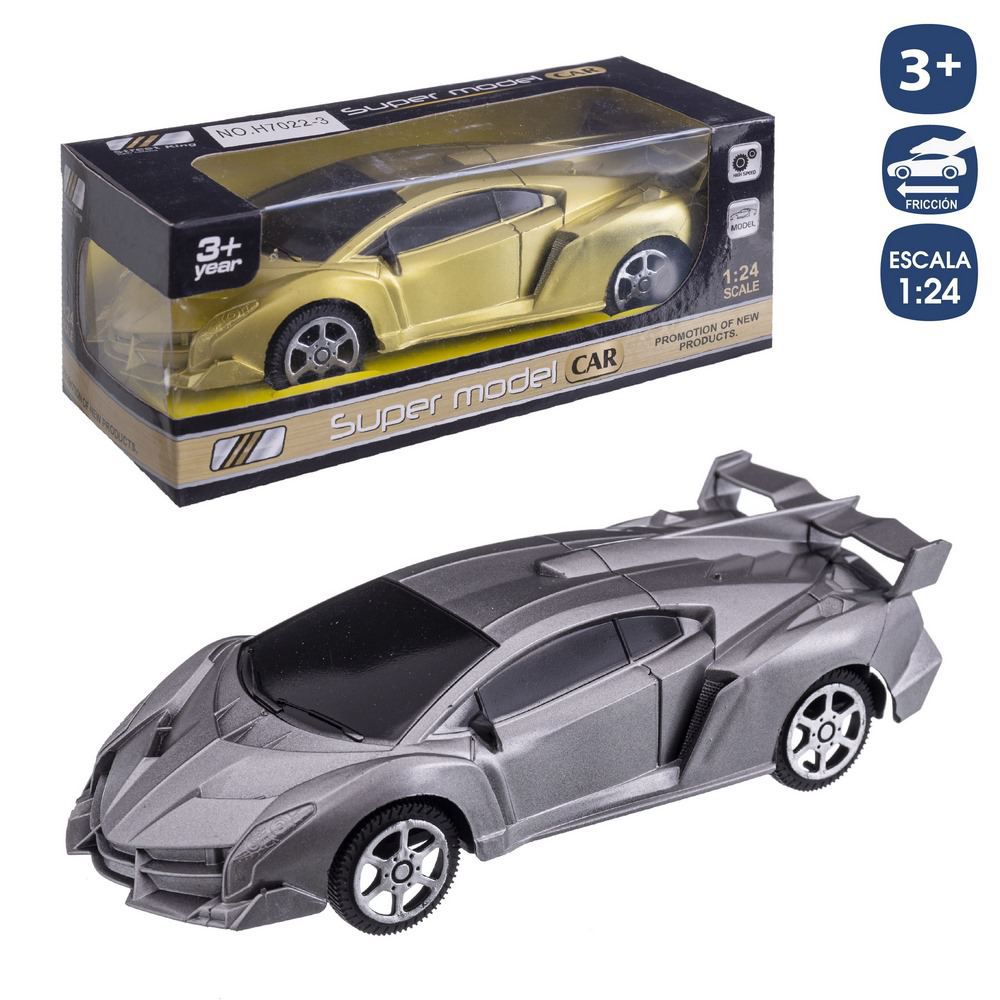 COCHE DEPORTIVO FRICCIÓN ORO-PLATA 17 CM ESCALA 1/24.CAJA 20X8 CM.