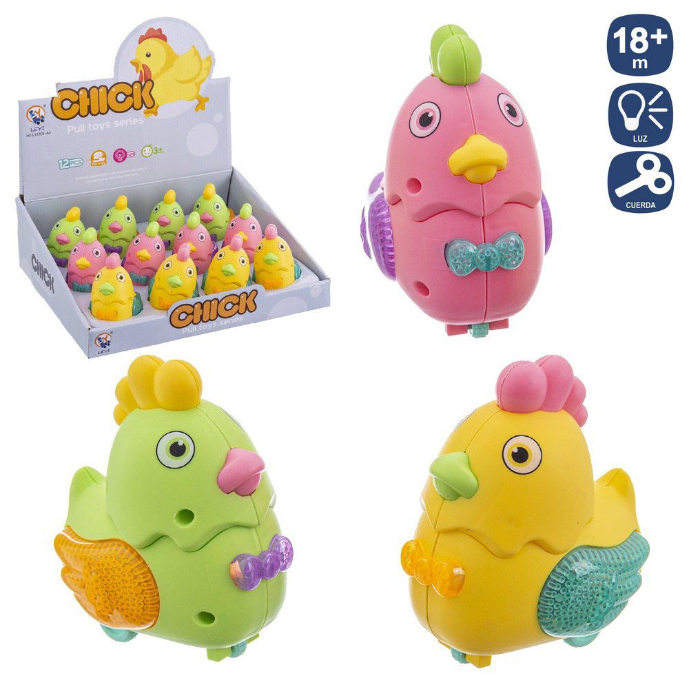 GALLINA CON LUZ 3/C 10 CM A CUERDA. HANTAG. CAJA EXPOSITORA 12 PZAS.
