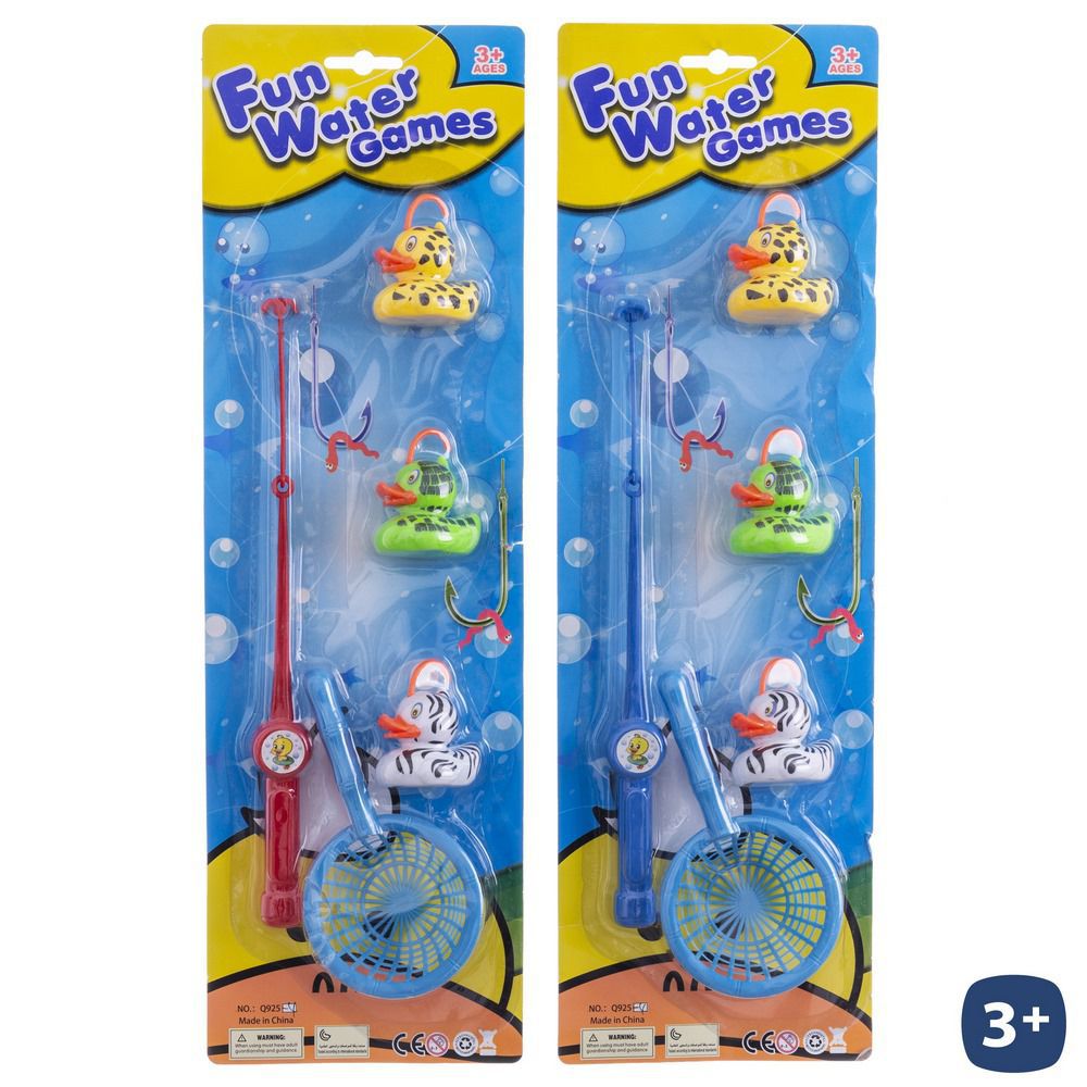 S/5 JUEGO PESCA CON 3 PATOS DECORADOS CON RED. BLISTER 15X49 CM.
