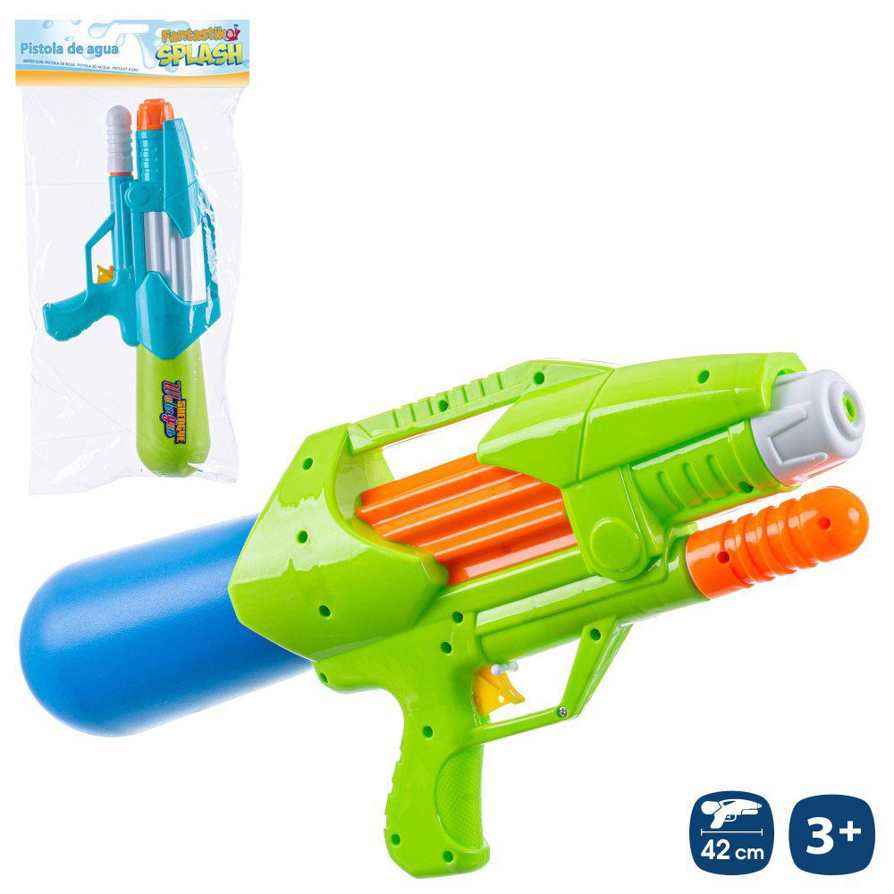 PISTOLA DE AGUA CON CEBADOR 2/C 42 CM BOLSA CON PESTAÑA 35X53 CM.