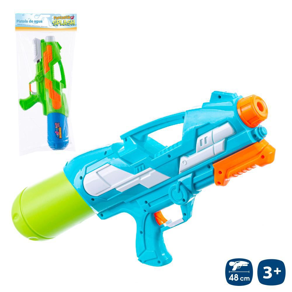 PISTOLA DE AGUA CON CEBADOR 2/C 48 CM BOLSA CON PESTAÑA 35X60 CM.
