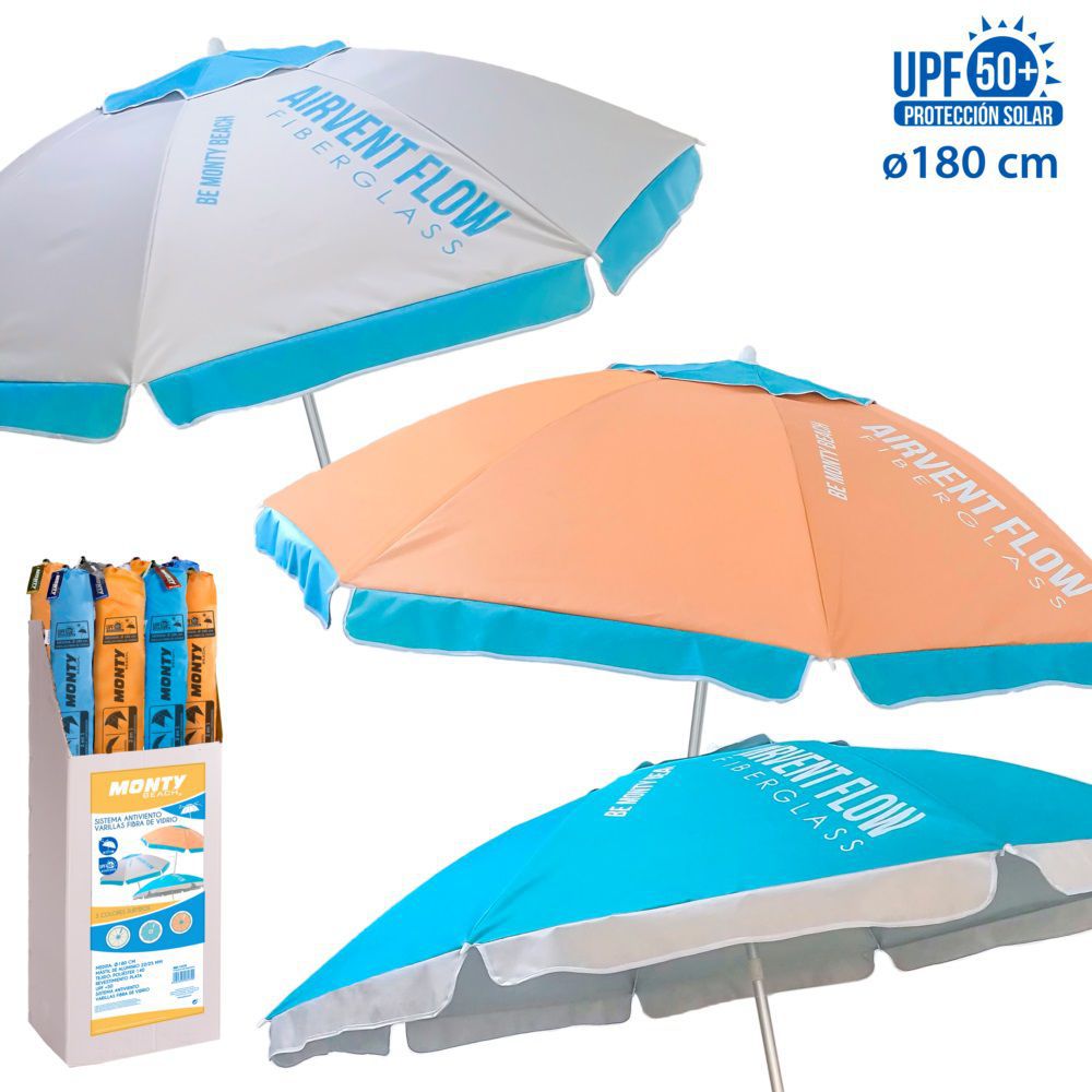 SOMBR.ANTIVIE.VARI.FIBRA VIDRIO 3/C C/EX 180 CM CAJA EXPOSITORA- VARILLAS FIBRA VIDRIO-REVESTIMIENTO PLATEADO PROTECCIÓN UPF +50 OXFORD 140 GSM - TUBO 22/25 ALUMINIO- INCLINAB