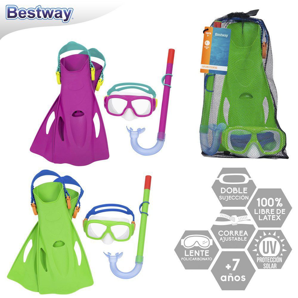 GAFAS TUBO Y ALETAS JUNIOR 7-14 AÑOS 3/C LENTE POLICARBONATO- TALLAS ALETAS 37-41 AJUSTABLE - BOLSA RED CON PESTAÑA PARA TRANSPORTE