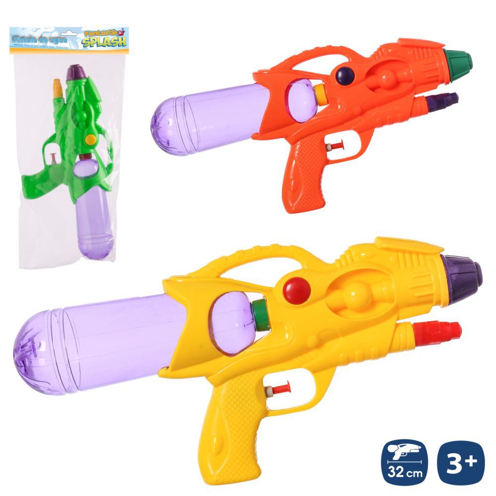 PISTOLA DE AGUA TRANSPARENTE 3/C 32 CM BOLSA PESTAÑA