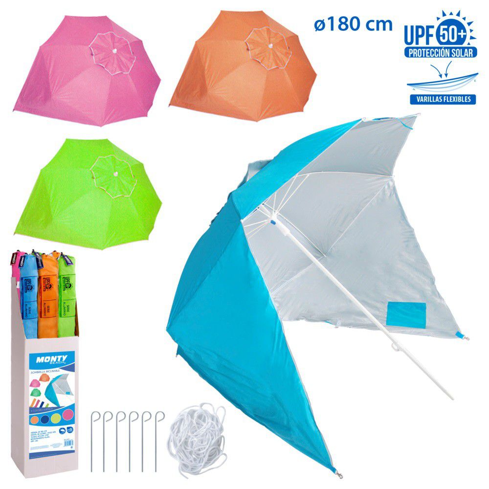 SOMB-CORTAVIENTO 4/C UPF +50 C/EXP 180 CM NYLON 170T- REVISTIMIENTO PLATA - MASTIL 19/22 MM - VARILLAS 5 FIBRA VIDRIO MM- CON ACC. PARA SUJETAR LATERALES AL SUELO- CAJA EXP. 12 UDS
