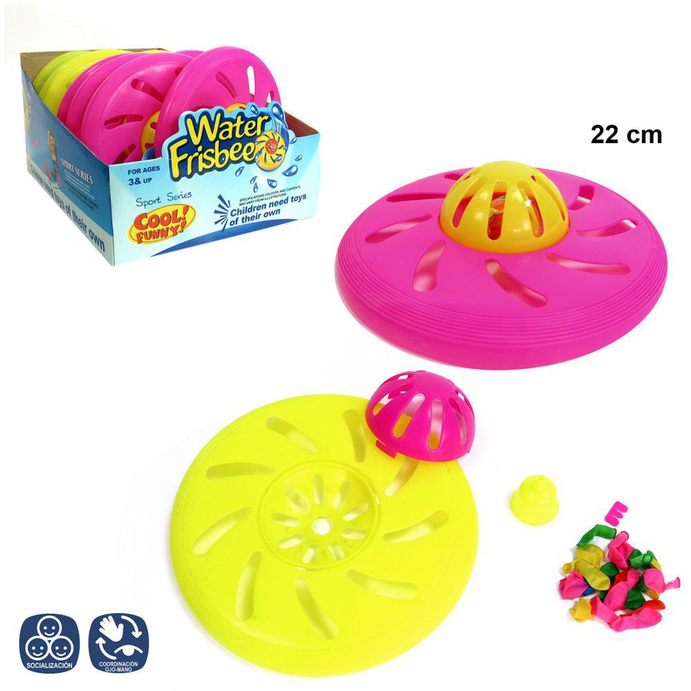 DISCO VOLADOR CON GLOBOS 22 CM INCLUYE 20 GLOBOS DE AGUA IDEAL PARA JUGAR AL AIRE LIBRE CAJA EXPOSITORA 12 UDS